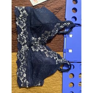 Dreamwear Navy Blue Floral Lace Longline Bralette Silver Embroidery Plus Size 3X